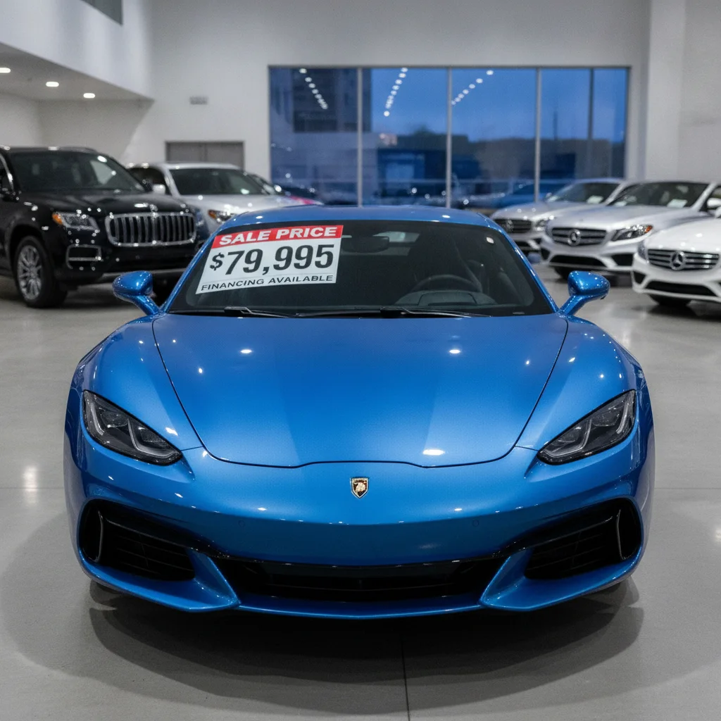 A brand new car on a dealership lot with a price sticker on the windshield under bright showroom lights