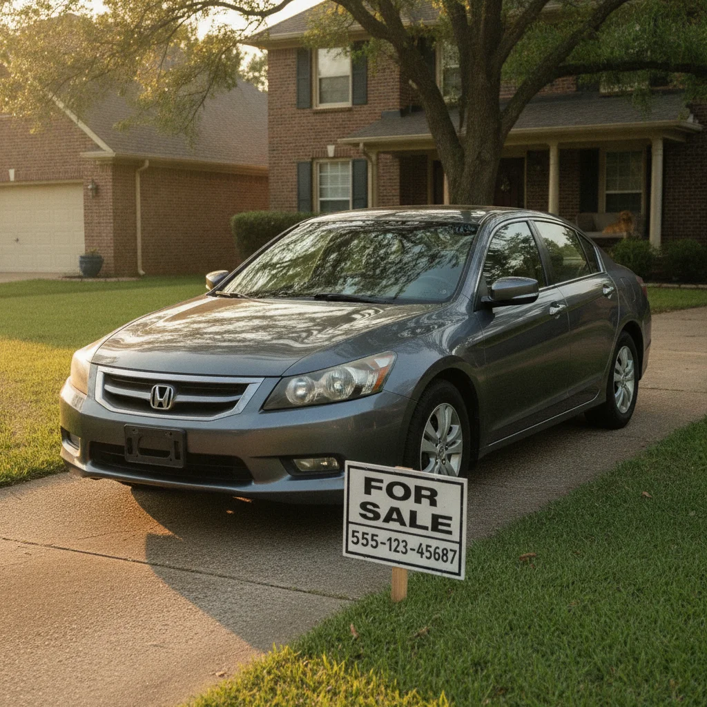 A clean used sedan parked in a driveway with a for-sale sign, photographed in warm golden hour light
