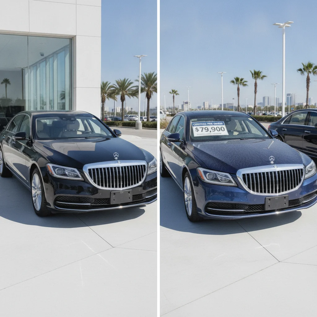New luxury sedan on dealer lot compared to a certified pre-owned version of the same model with lower price