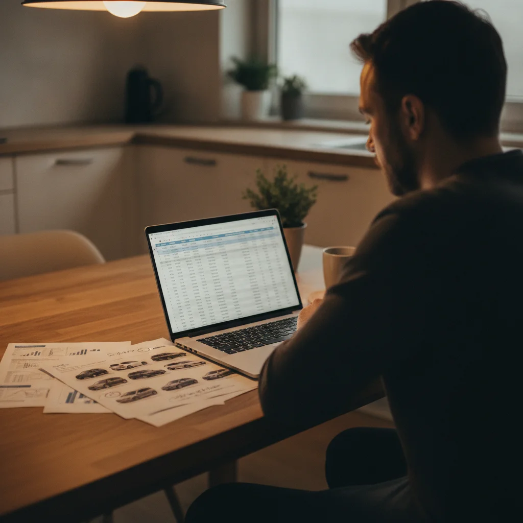 Person reviewing vehicle valuation reports and pricing data on a laptop at home