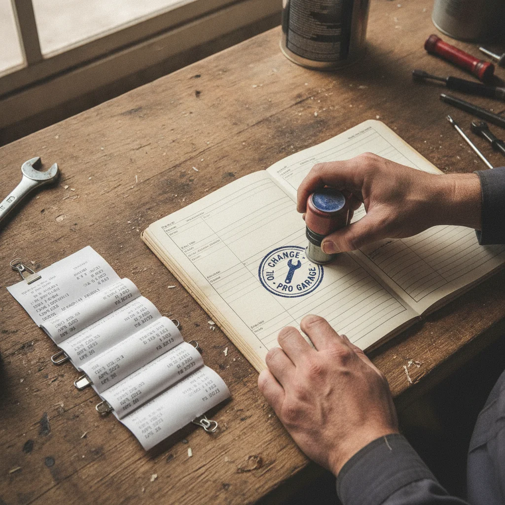 Mechanic stamping a vehicle service record booklet next to organized maintenance receipts on a workbench