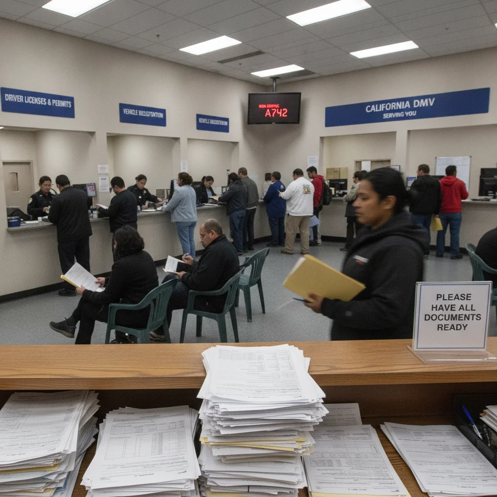 People waiting at a state DMV service counter with registration forms in foreground.