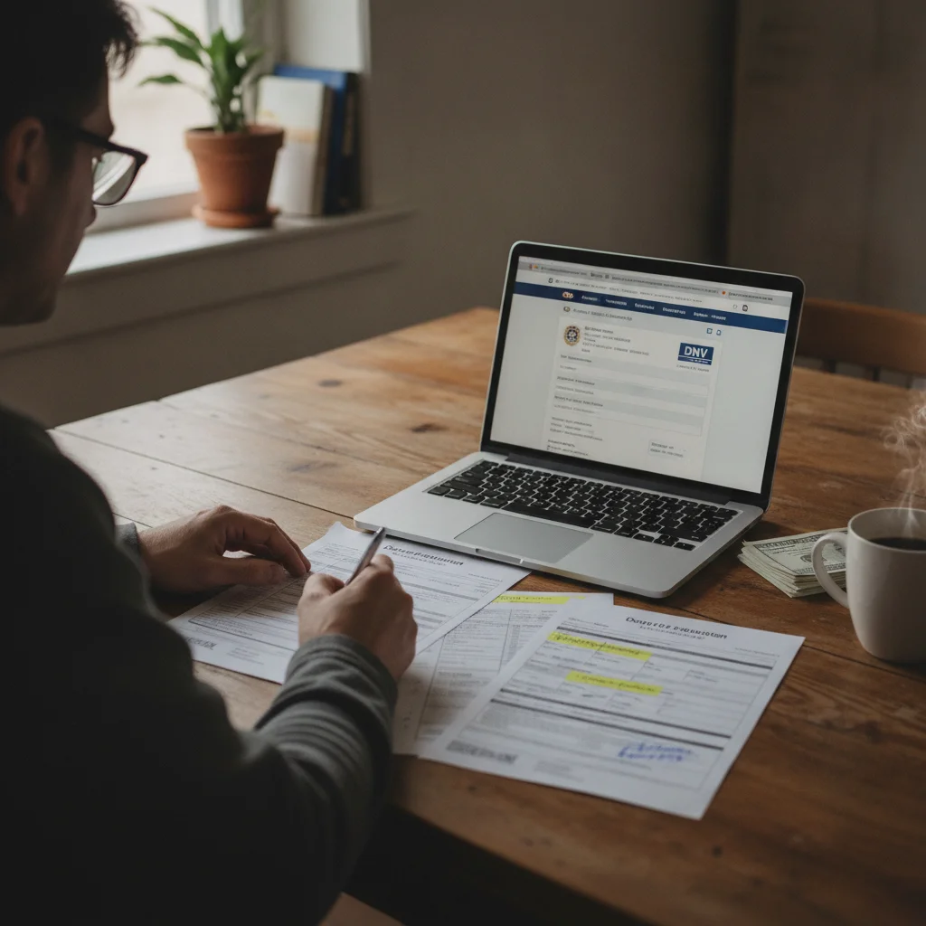 Person reviewing vehicle registration documents and DMV website on a laptop at home.