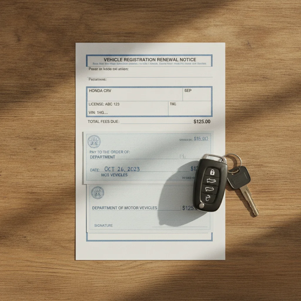 Vehicle registration renewal notice, check, and car keys laid out on a wooden desk