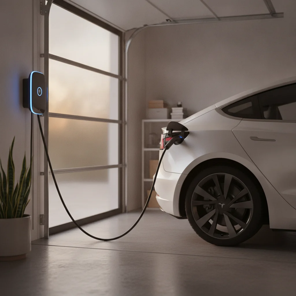 Electric vehicle plugged into a home charging station in a residential garage at dusk