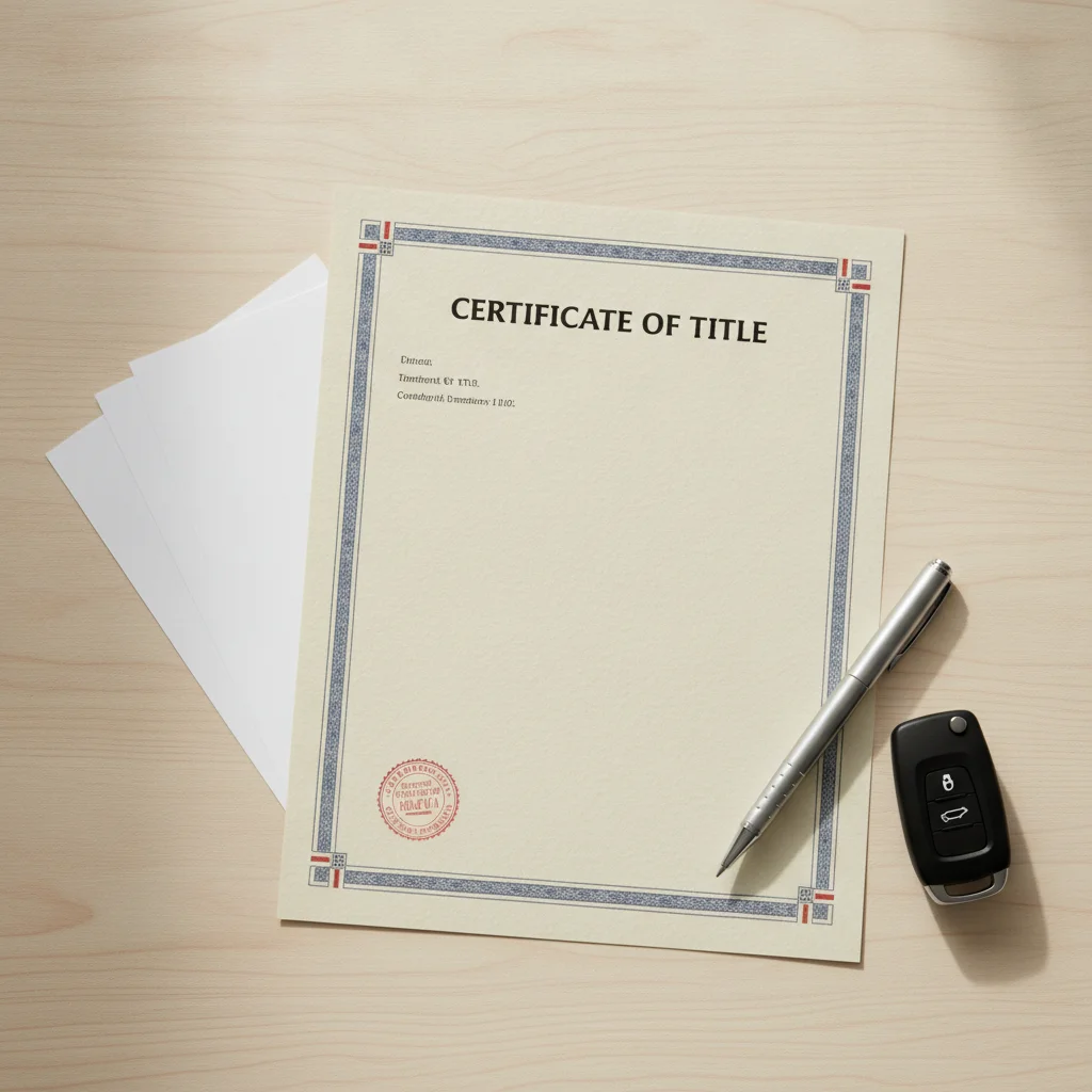 Vehicle title certificate document on a desk with pen and car key fob viewed from above