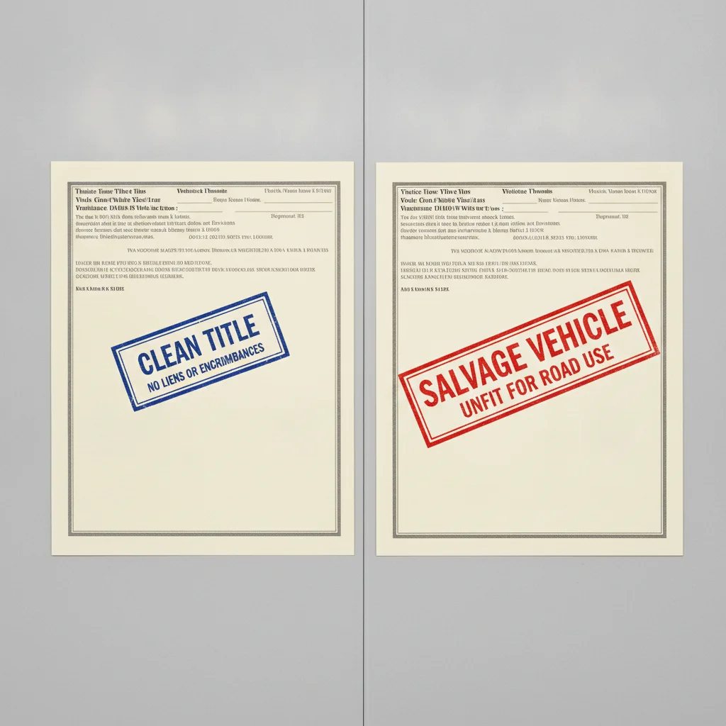 Two vehicle title documents side by side, one marked clean and one marked salvage in red