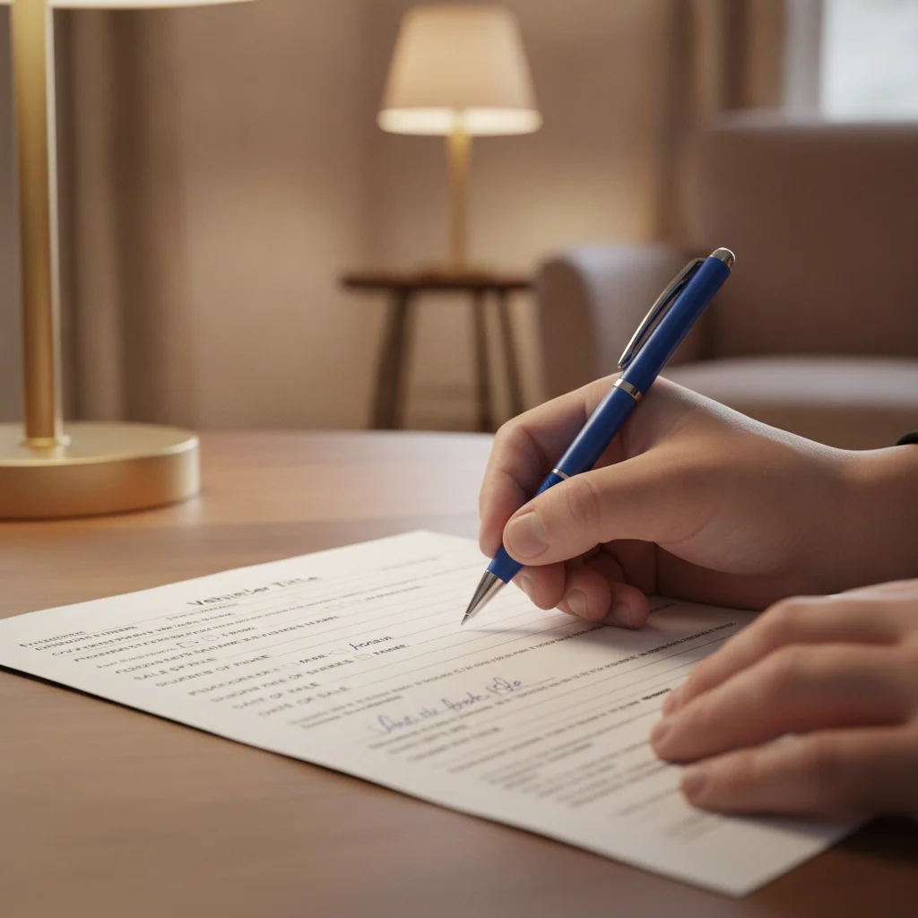 Person using a ballpoint pen to carefully fill in fields on the back of a vehicle title document