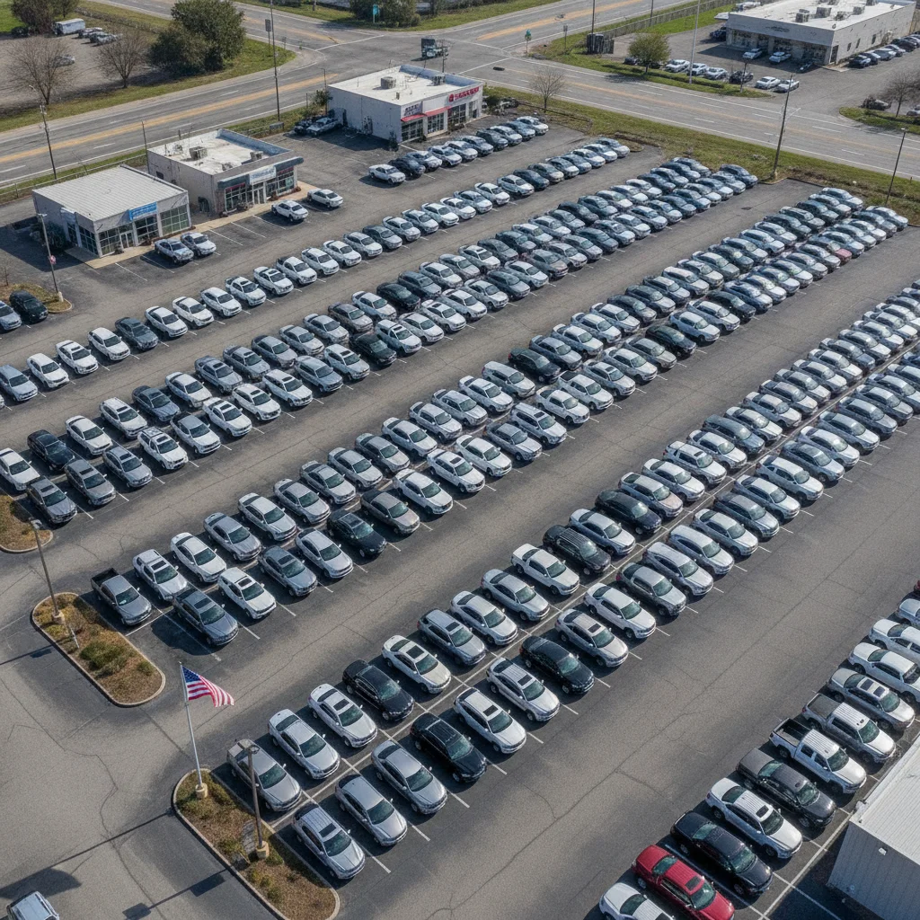 Aerial view of a used car lot filled with rows of trucks and SUVs.