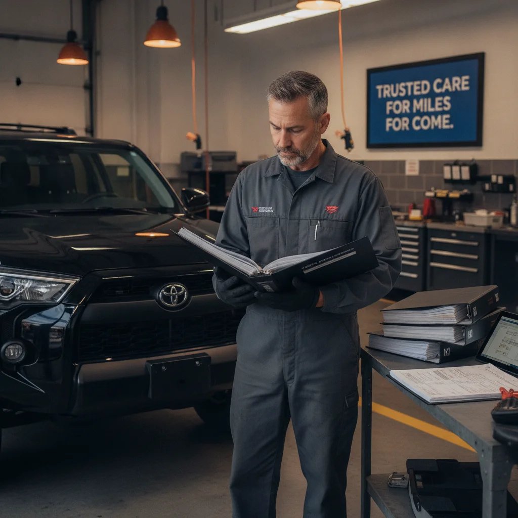 A mechanic reviewing service records beside a clean Toyota 4Runner in a garage bay.