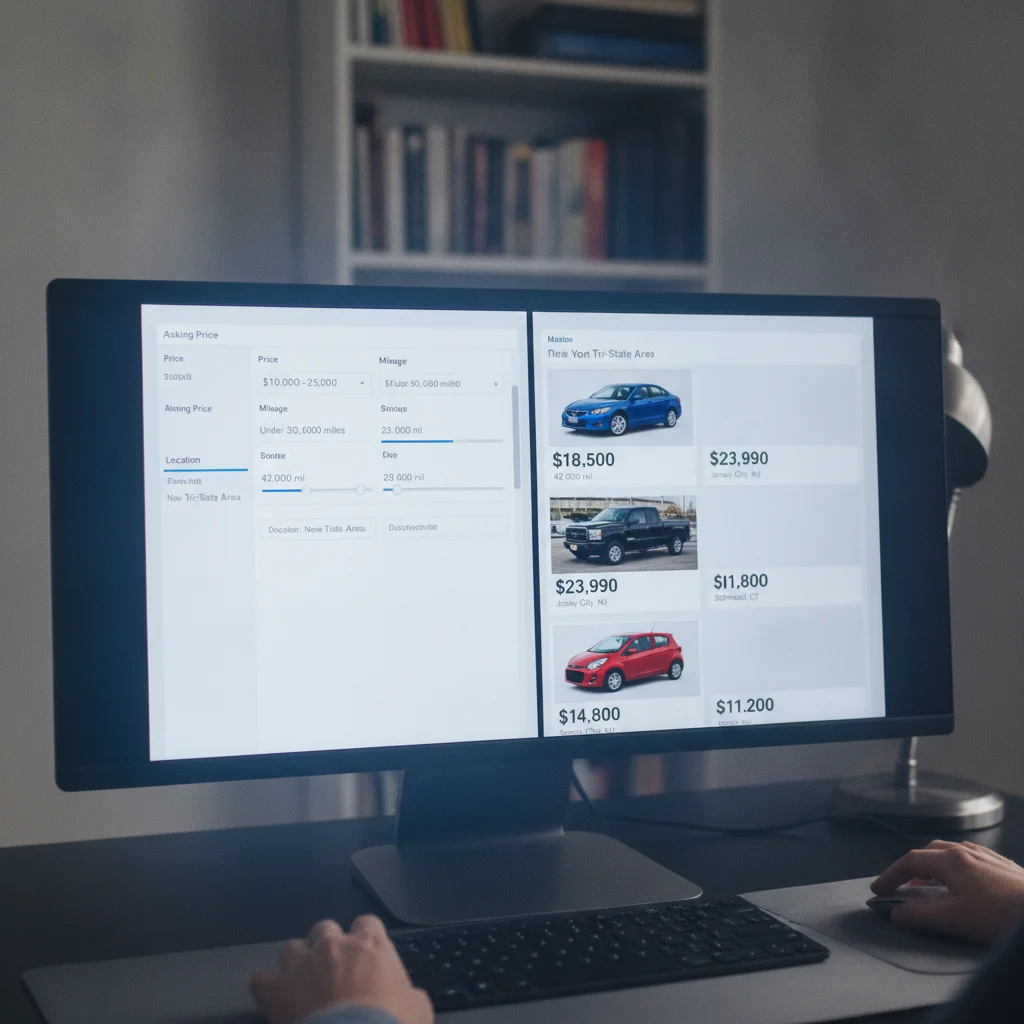 Computer monitor displaying multiple used car listings with prices and mileage compared side by side