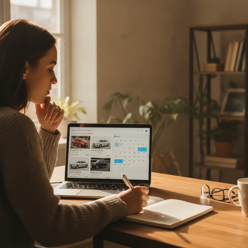 Person reviewing car listings and a calendar while planning a vehicle purchase decision