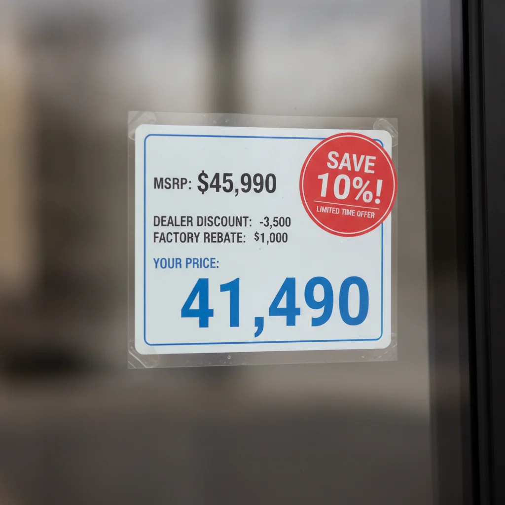 Car dealership price sticker with a discount tag showing percentage off MSRP