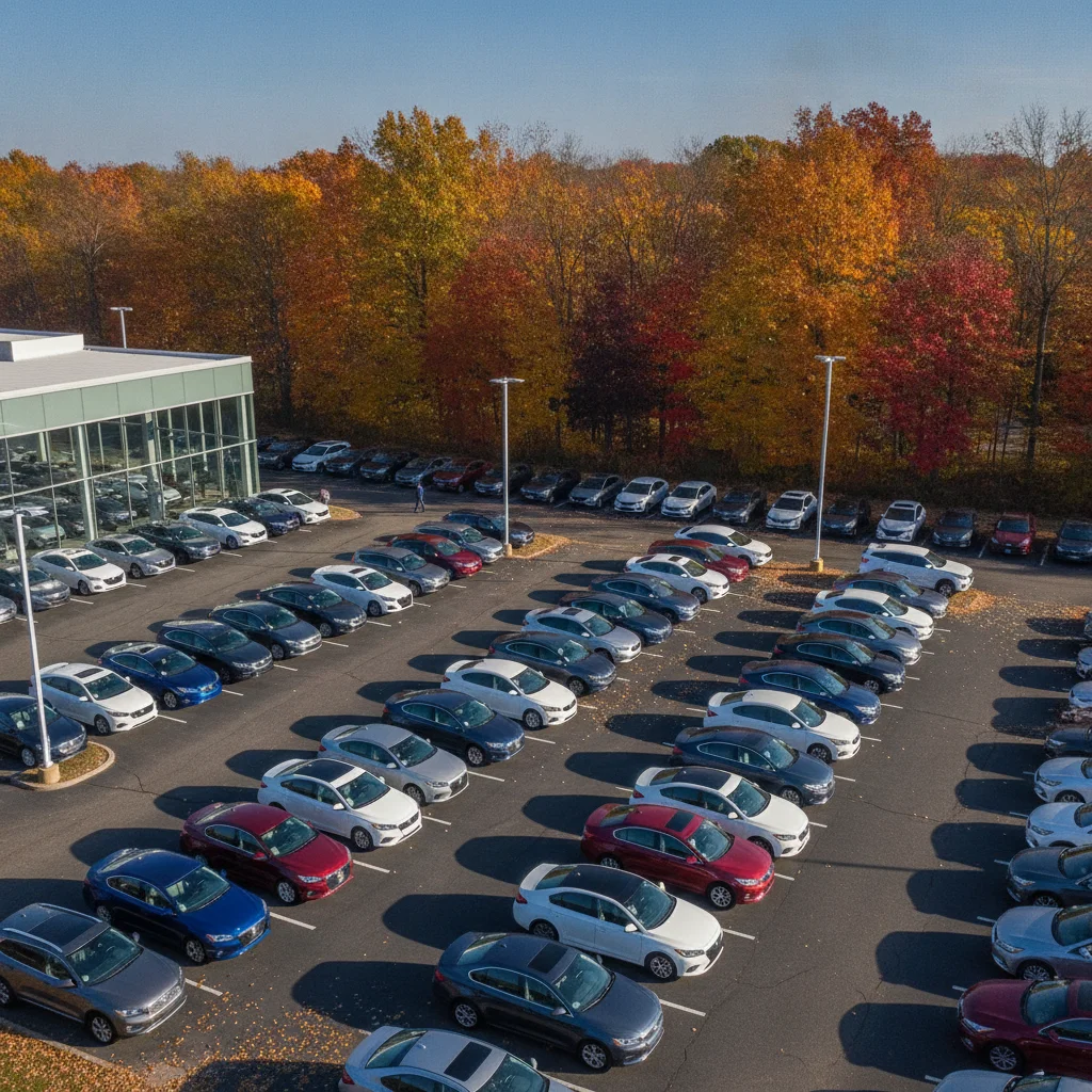 New car dealership lot filled with vehicles during autumn model-year changeover season