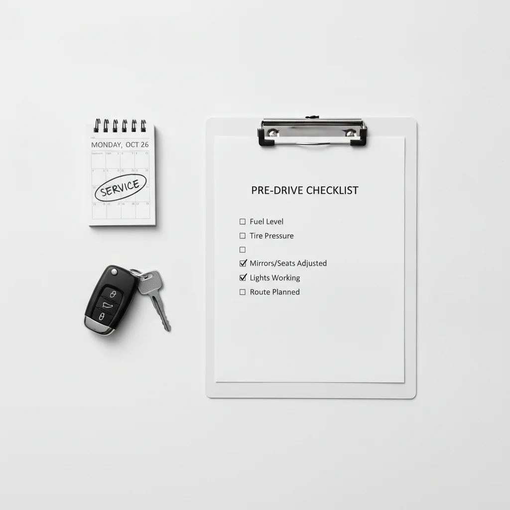 Checklist clipboard next to car keys and a calendar representing a structured purchase decision process