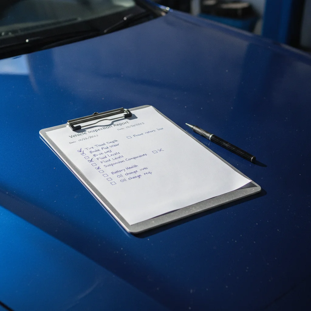 Close-up of a mechanic's pre-purchase inspection report on a clipboard resting on a car hood