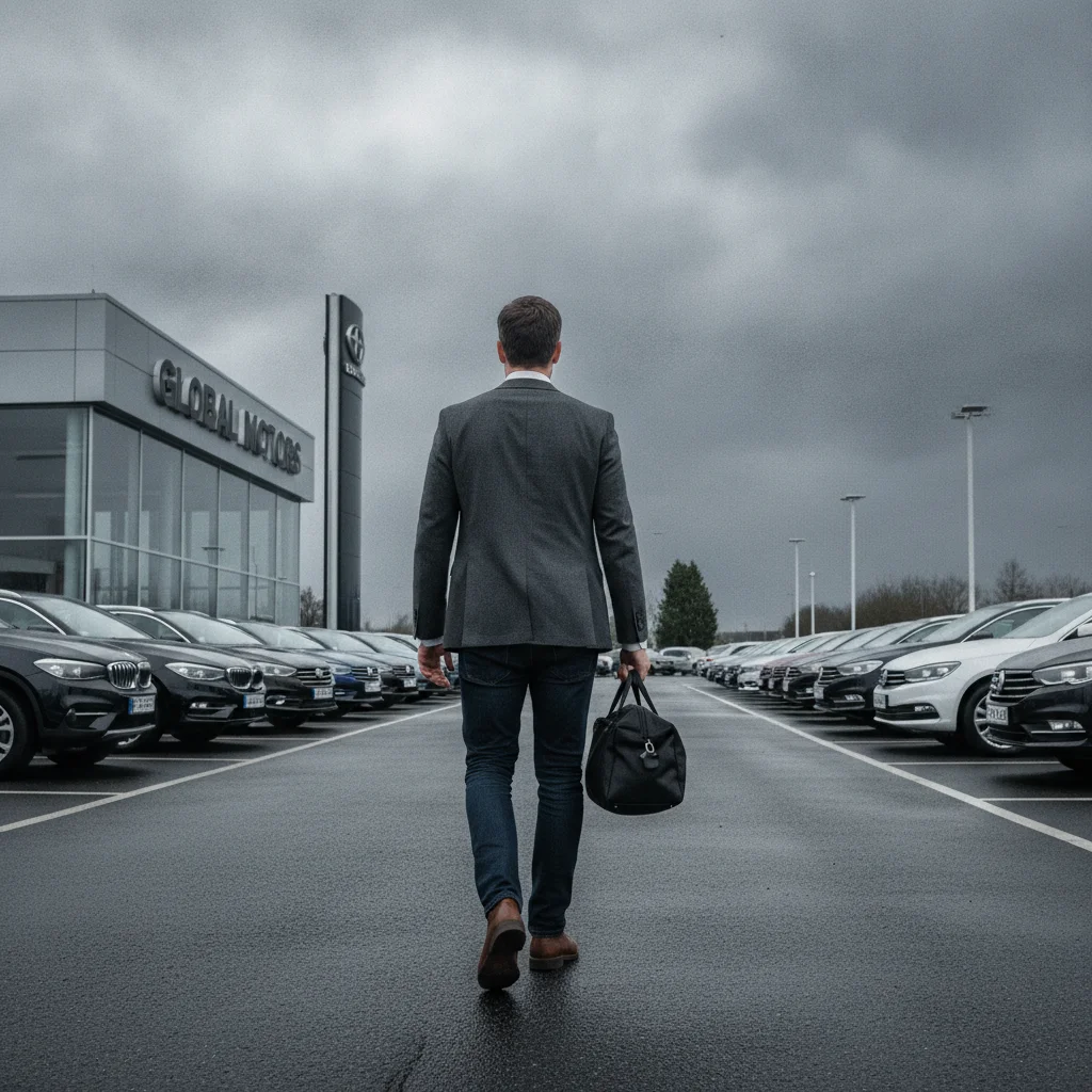 A buyer walking away from a parked car at a dealership, back to camera, under overcast sky