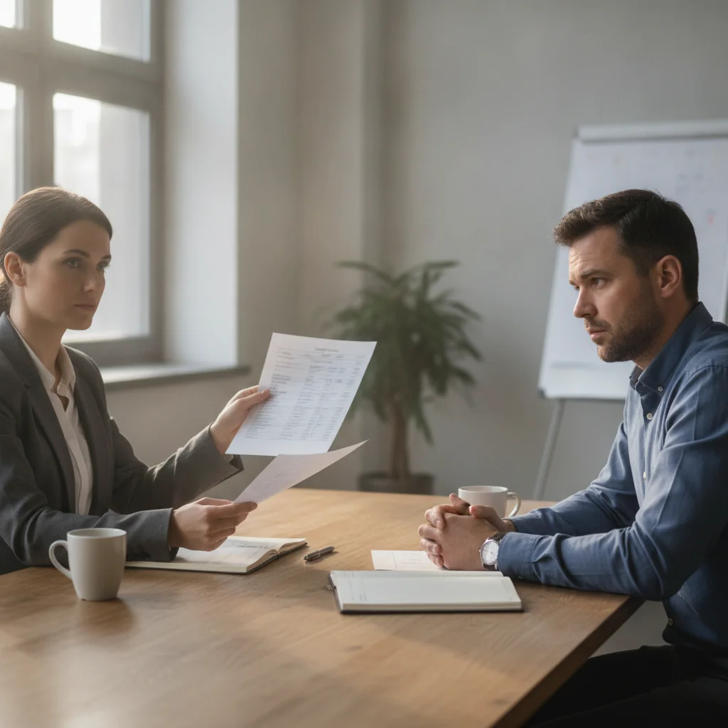 Two people negotiating over a table with repair cost documents between them in a calm setting