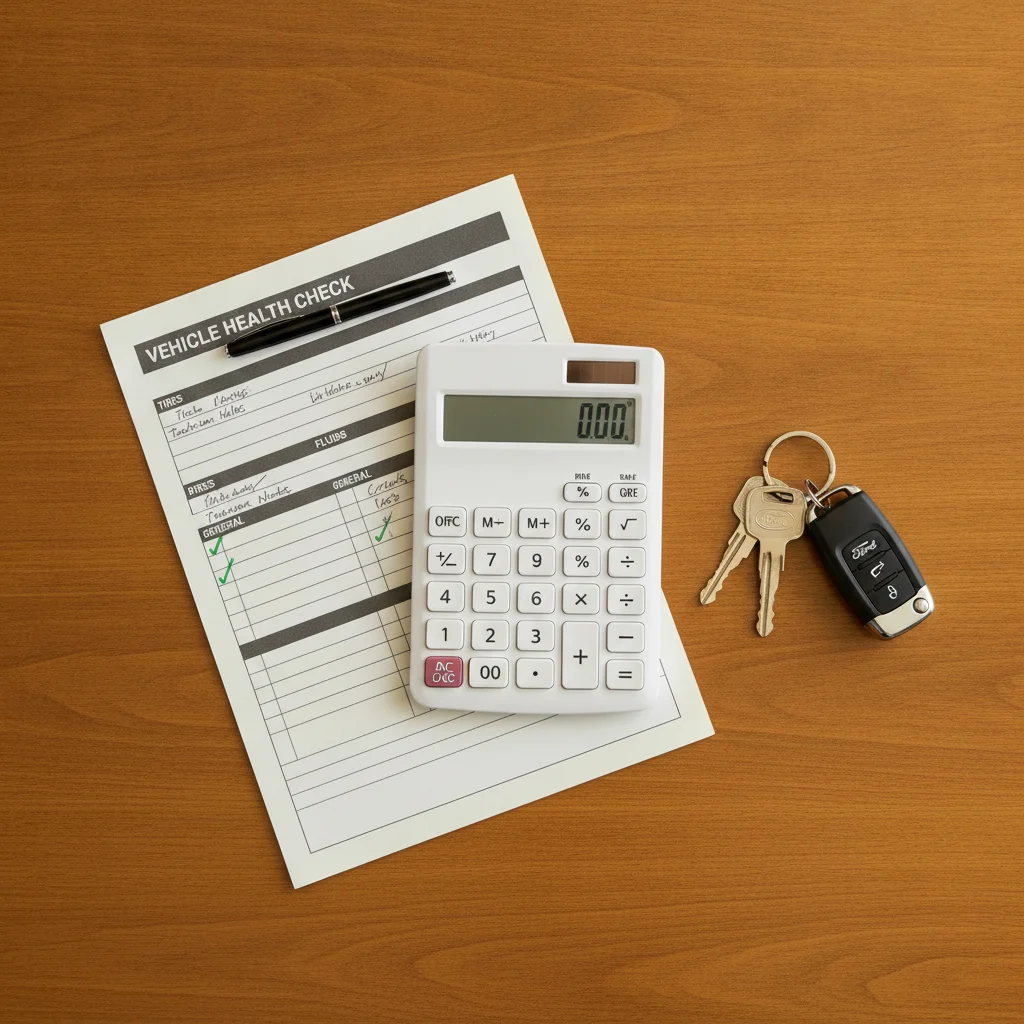 Calculator, car keys, and a vehicle inspection report arranged on a desk for cost analysis