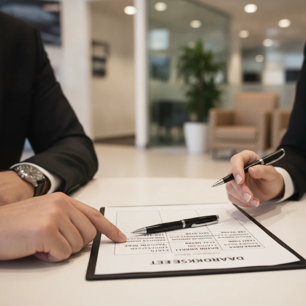 A car dealer negotiation table with a printed deal worksheet and two parties facing each other