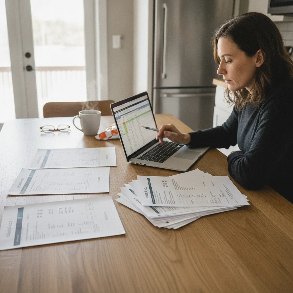 A car buyer reviewing competing dealer quotes and loan documents at a home kitchen table