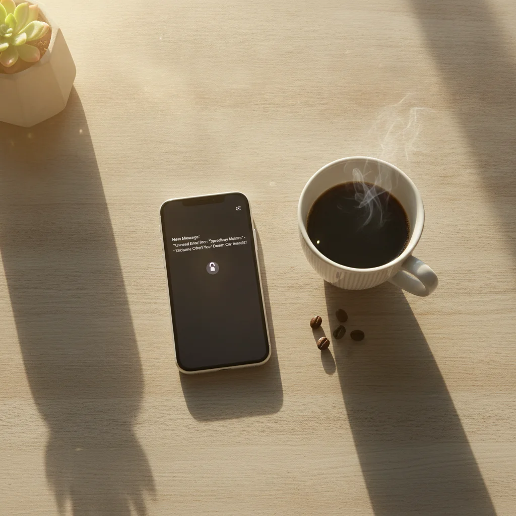 A smartphone showing an unread email notification from a car dealership resting on a desk