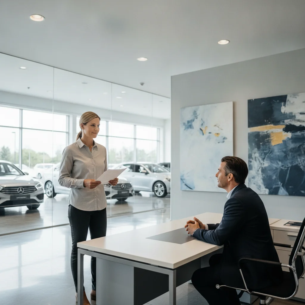 A car buyer standing to leave a dealership desk while a salesperson remains seated, showroom background