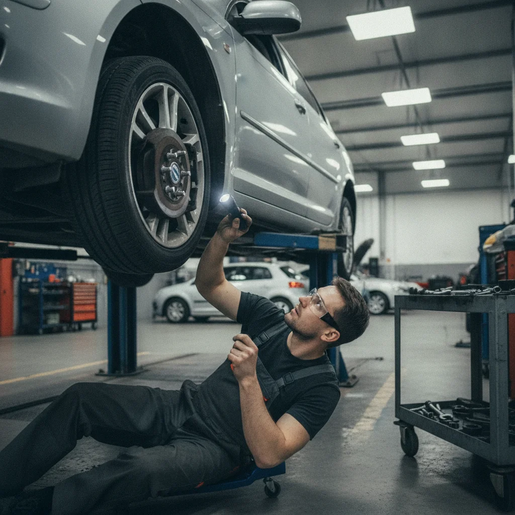 Mechanic performing a brake inspection underneath a raised vehicle in a garage