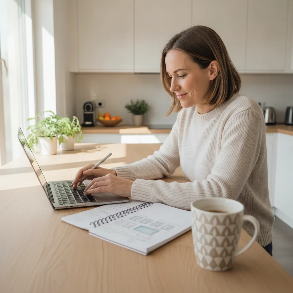 Person writing a financial plan at a kitchen table with a laptop and coffee mug