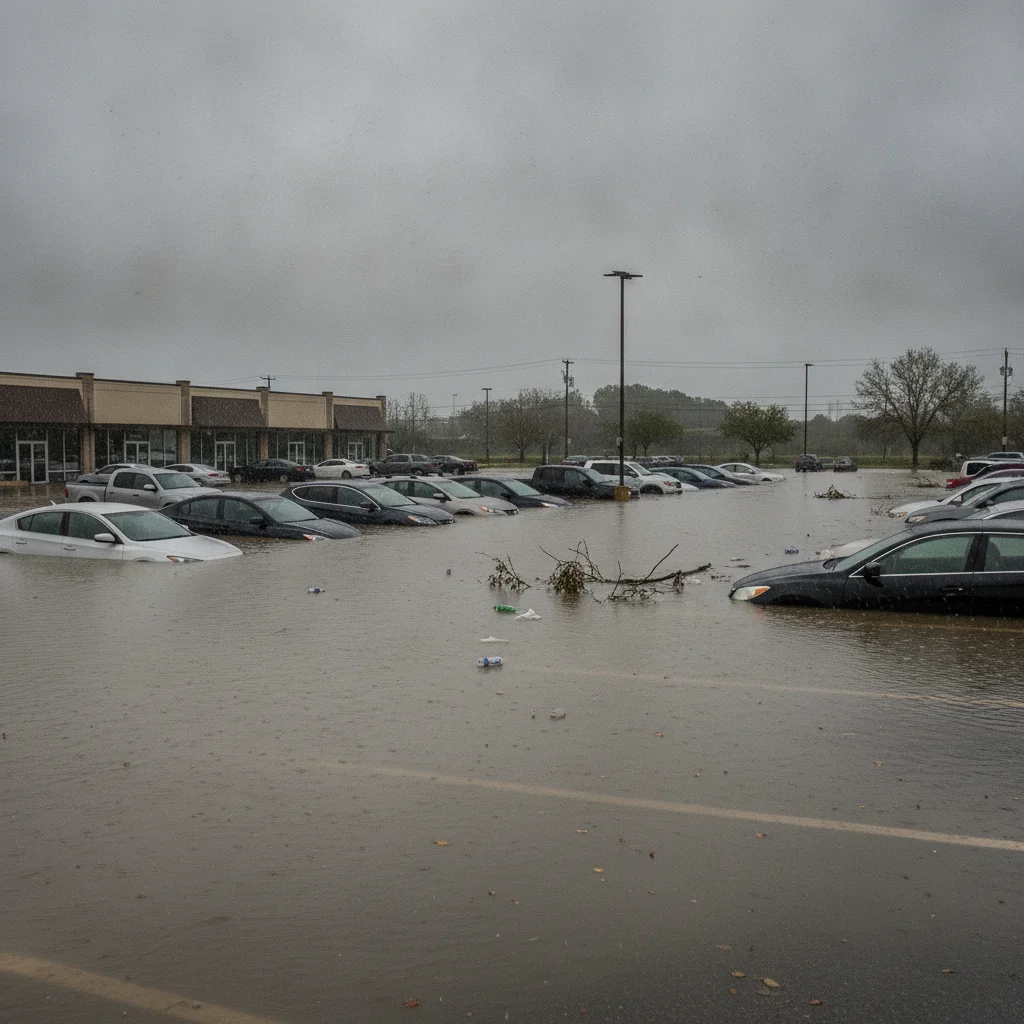 Multiple cars partially submerged in a flooded parking lot after a severe rainstorm