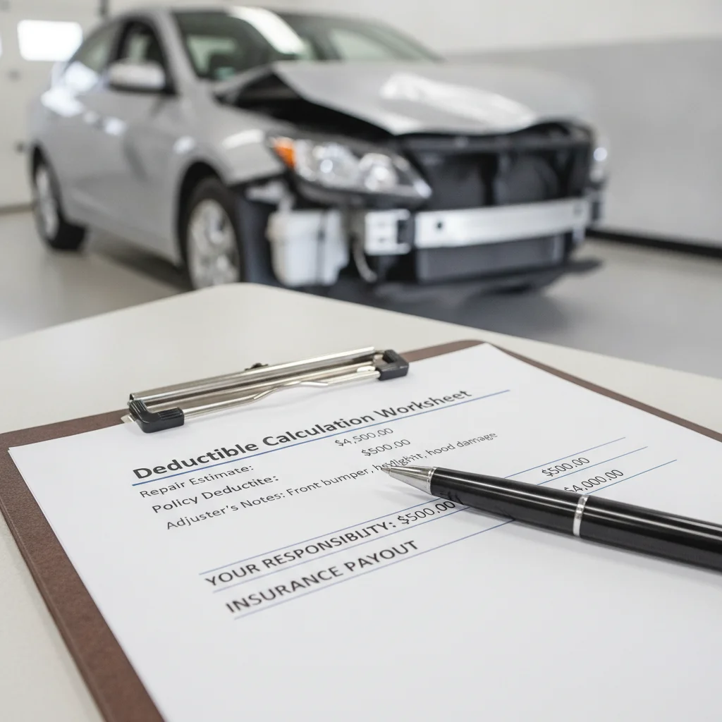 Insurance claim paperwork on a clipboard with a storm-damaged vehicle visible in the background