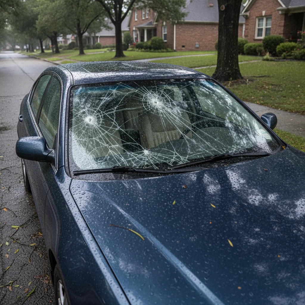 Car with a cracked windshield and storm damage visible on exterior panels after a weather event