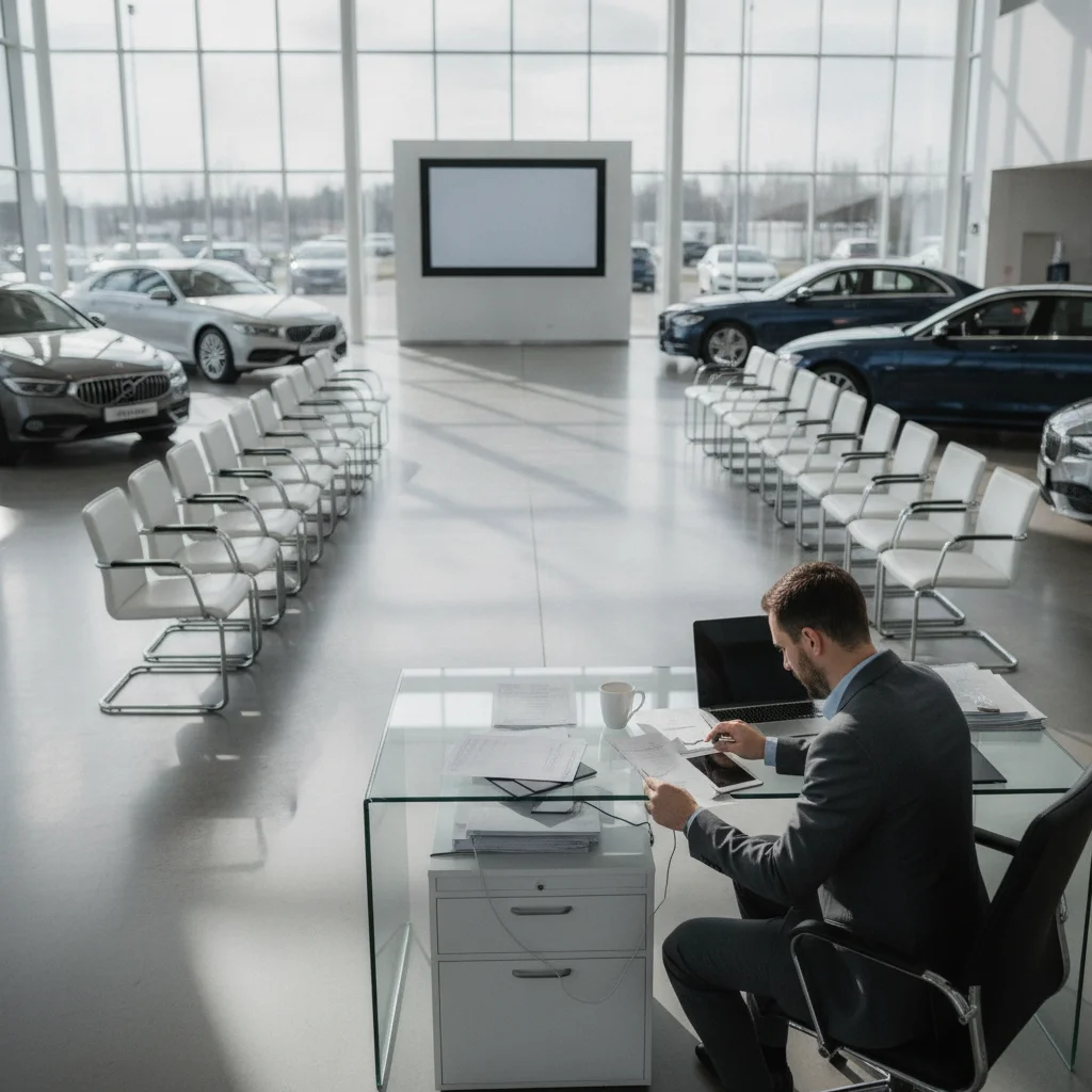 A lone salesperson at a quiet car dealership desk on a weekday morning with empty showroom.