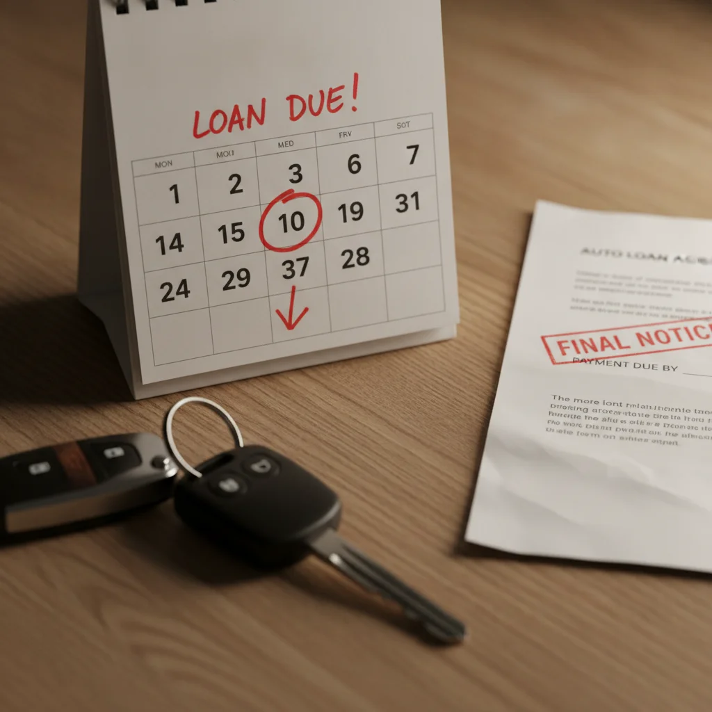 Calendar with the final days of the month circled in red beside car keys and loan paperwork.