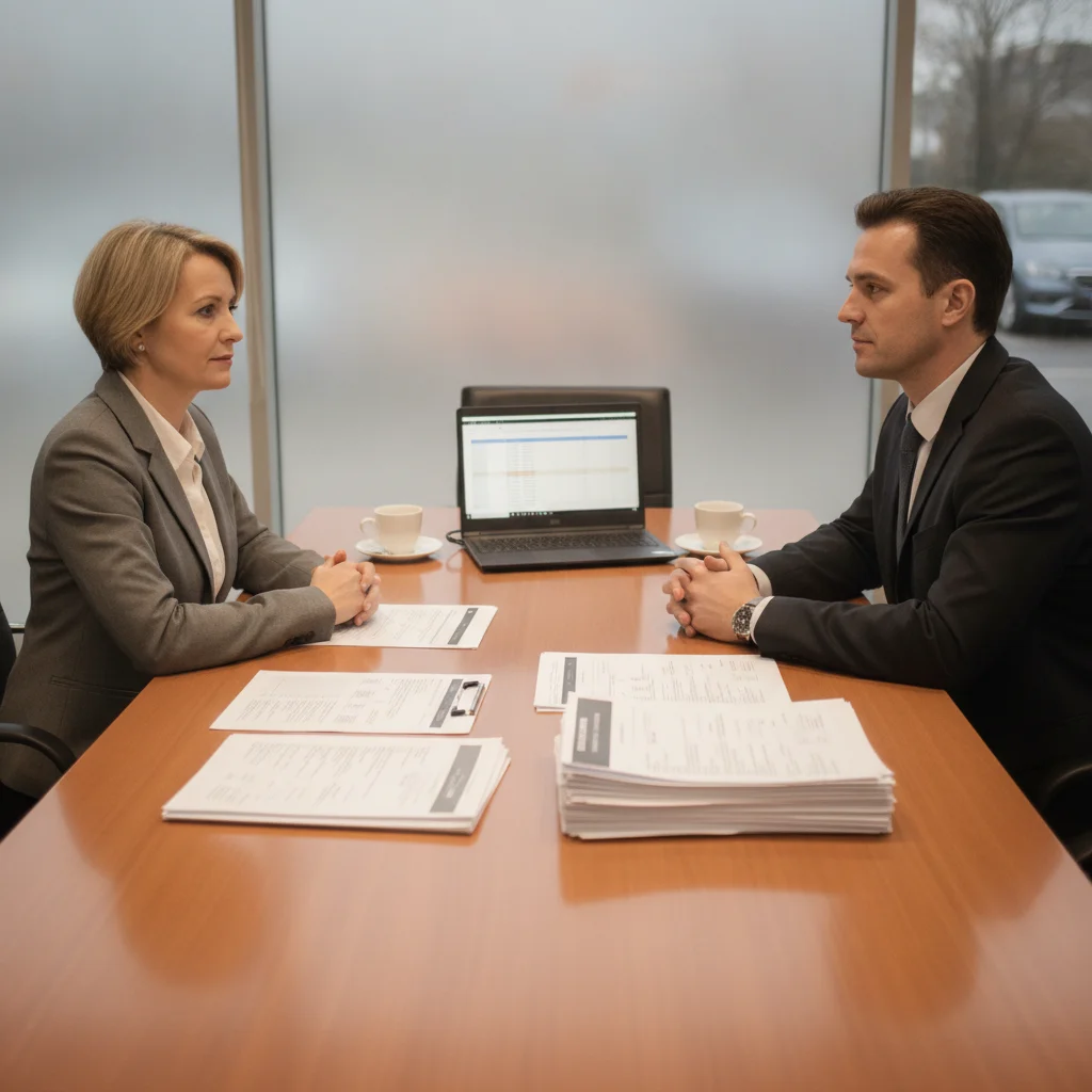 Car buyer and salesperson negotiating across a dealership desk with documents and a laptop visible.