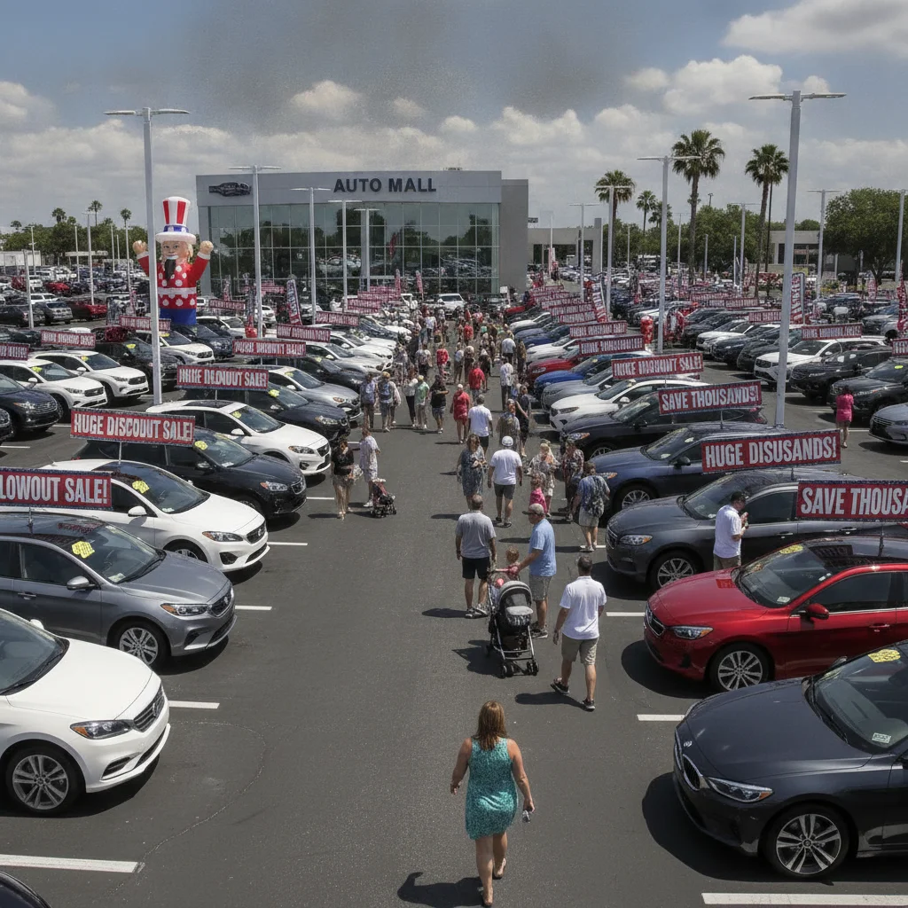 Busy dealership lot with holiday sale banners and shoppers browsing cars on a sunny weekend.