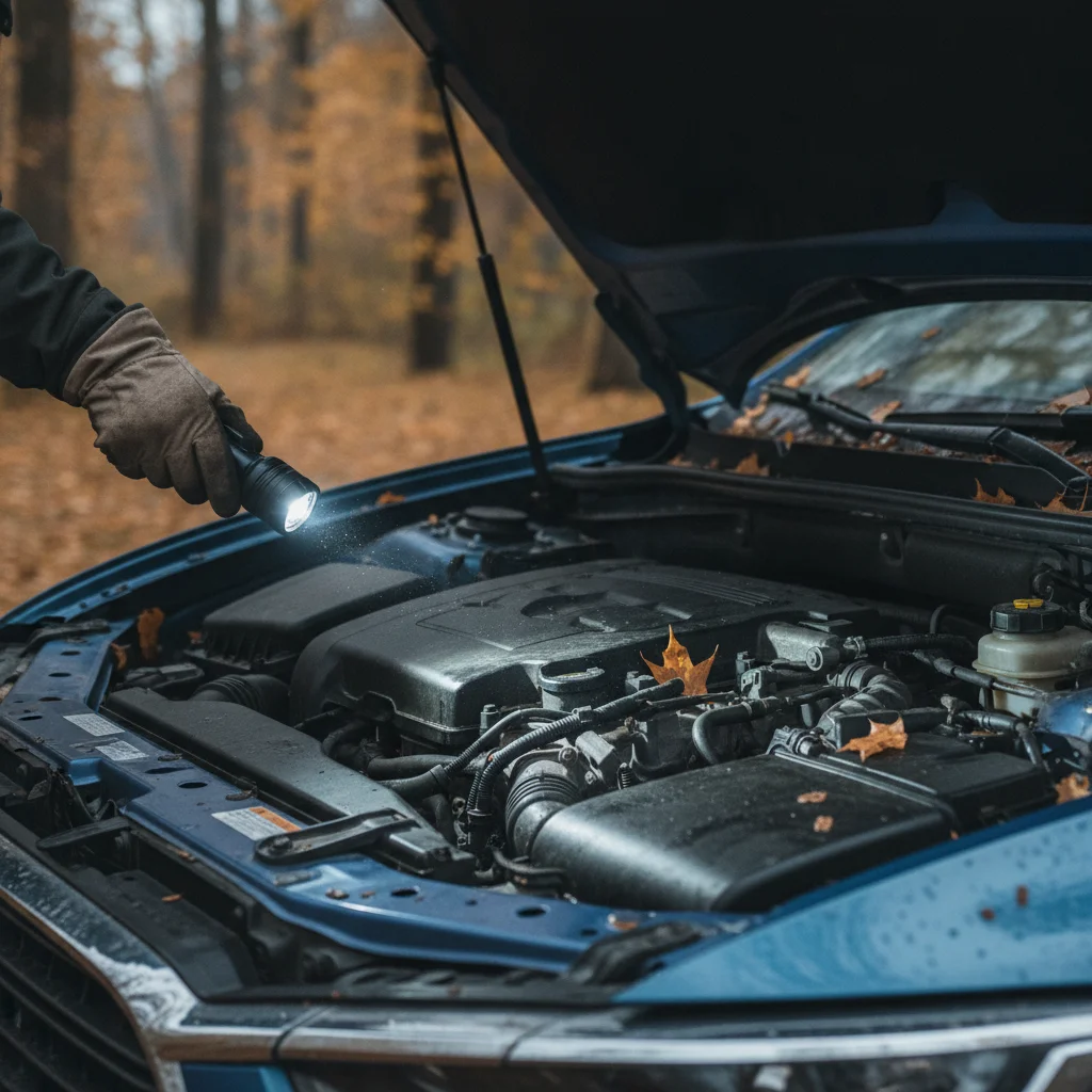 A gloved hand shining a flashlight into an open engine bay during a pre-winter car inspection