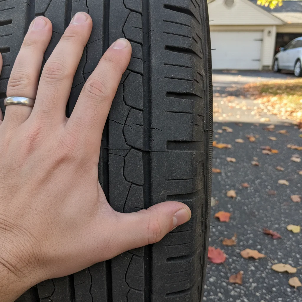Close-up of a hand inspecting a tire sidewall for cracking and bulges during a pre-winter check