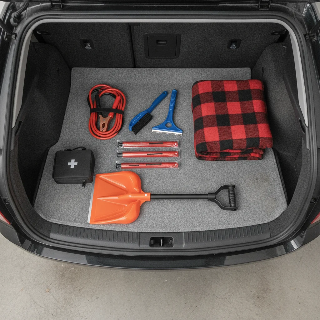 An organized car trunk emergency kit with jumper cables, ice scraper, blanket, and road flares for winter driving