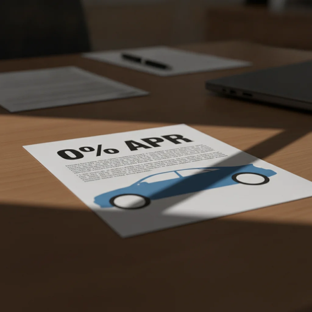 Car loan promotional brochure with large 0% APR headline and fine print details below