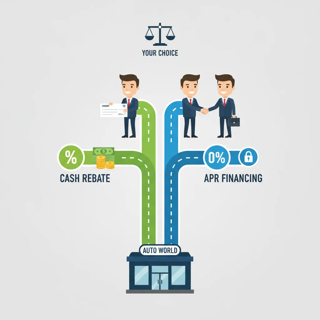 Illustration showing two financing paths: 0% APR versus cash rebate option at a dealership