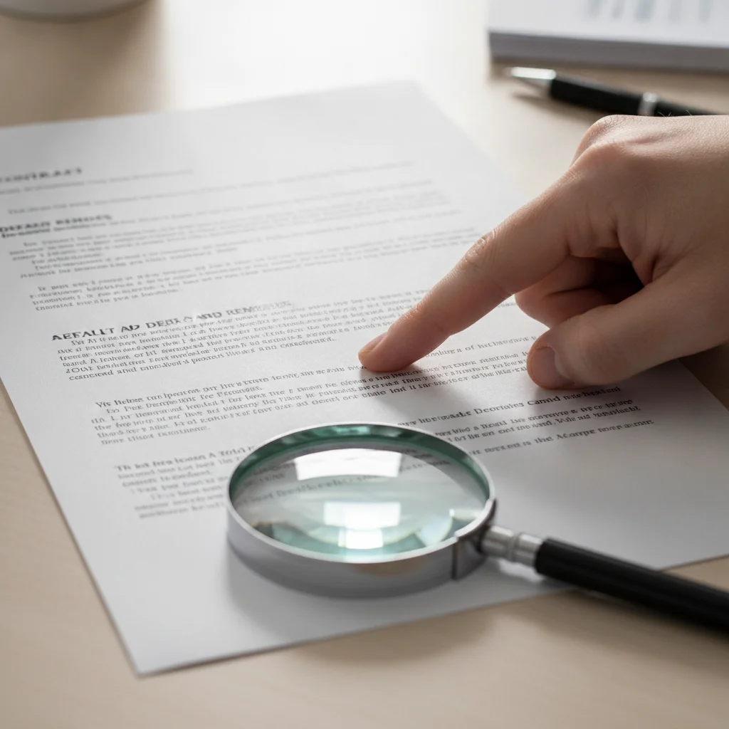 Hand pointing to fine print clause in a vehicle retail installment contract with magnifying glass
