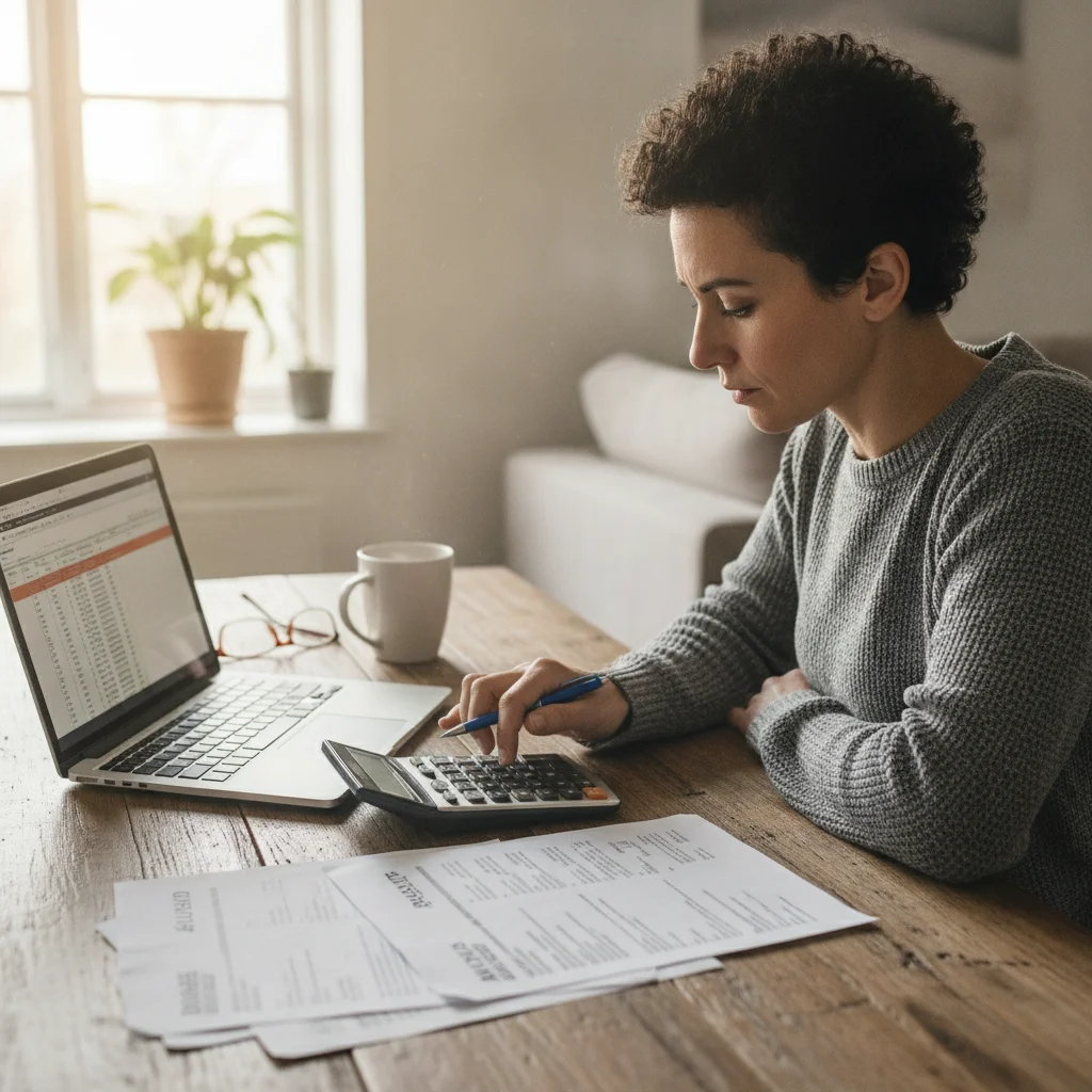 Person reviewing car loan financing options at home with calculator and paperwork