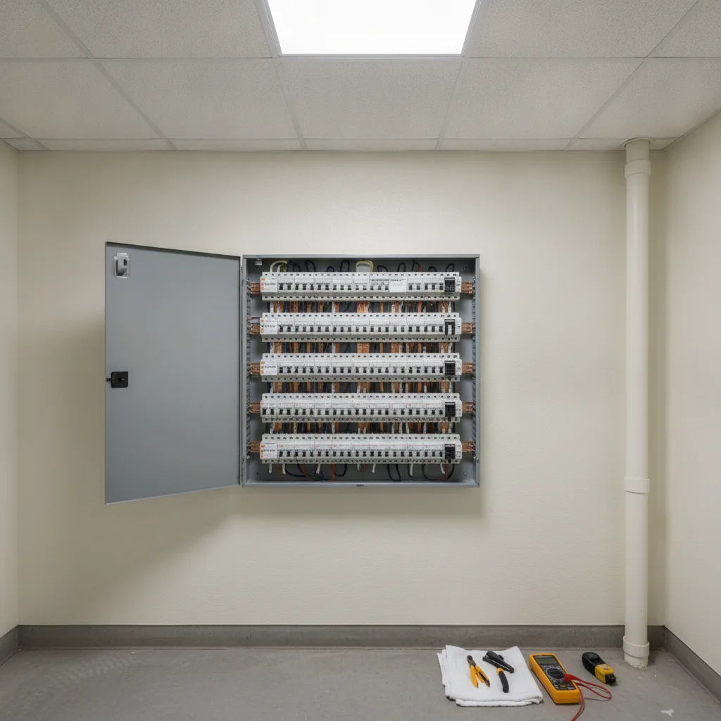 Open residential electrical panel showing labeled circuit breakers in a home utility room