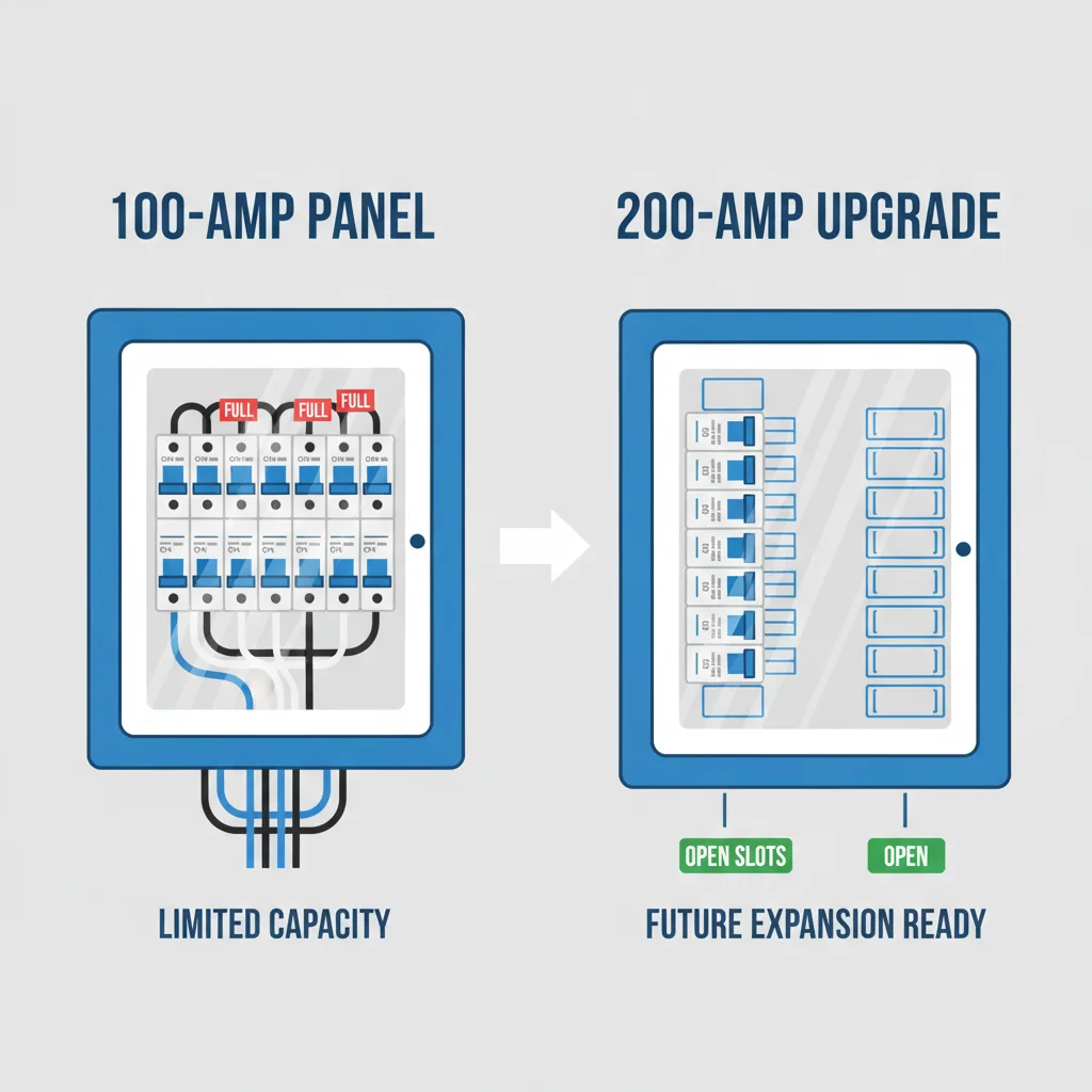 Side-by-side comparison of a 100-amp residential panel and an upgraded 200-amp panel showing available capacity