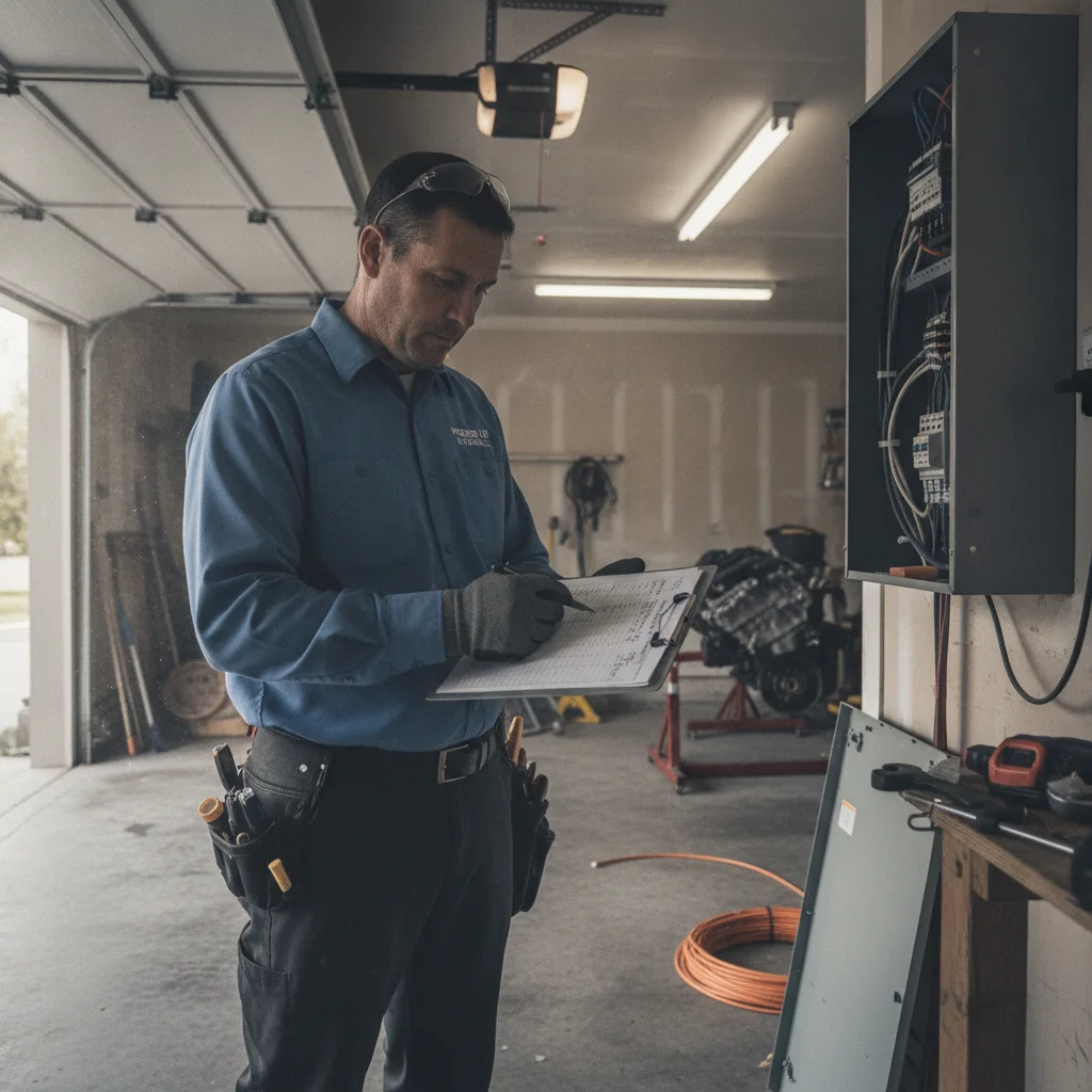 Electrician reviewing a load calculation worksheet beside a home electrical panel before recommending an upgrade