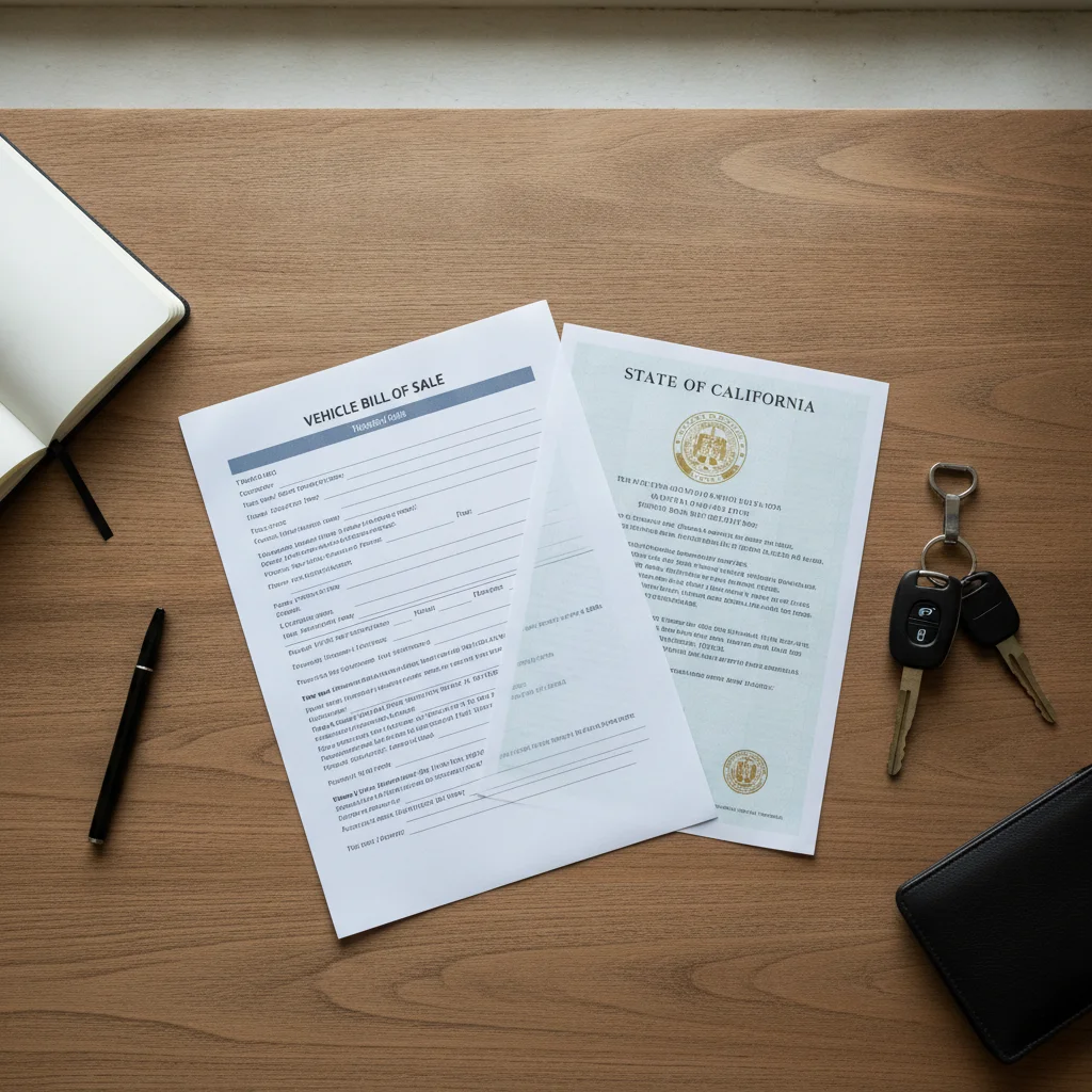 Overhead view of a vehicle bill of sale, car title document, and keys arranged on a wooden desk