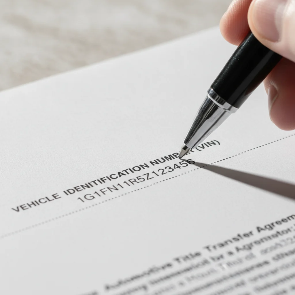 Close-up of a pen about to sign a bill of sale document with a VIN number visible on the form