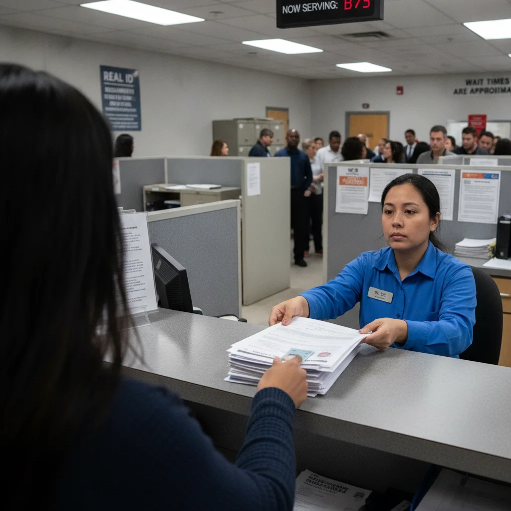 Person sliding vehicle documents including a bill of sale across a DMV counter to a clerk