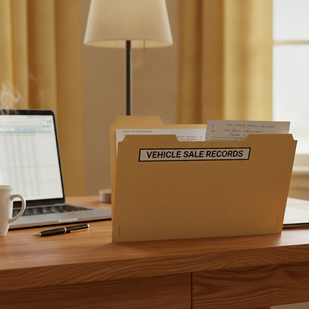 A manila folder labeled Vehicle Sale Records with documents inside sitting on a home office desk
